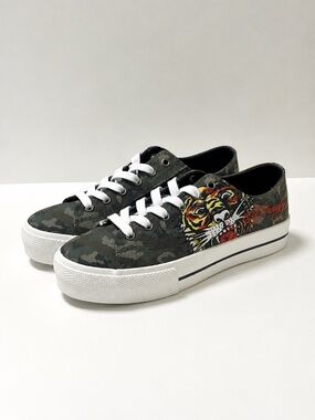 Ed Hardy Tiger Camo Canvas Sneakers Mens Green Tattoo Low Top Shoes NEW